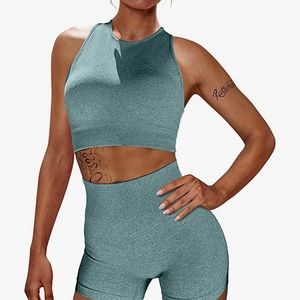Matching set: light blue/teal high neck sports bra and shorts size small